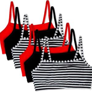 Fruit of The Loom Womens Spaghetti Strap Cotton Sports Bra – All-Day Comfort & Easy Movement(Stripe/Stripe/Black/Black/Red/Red)