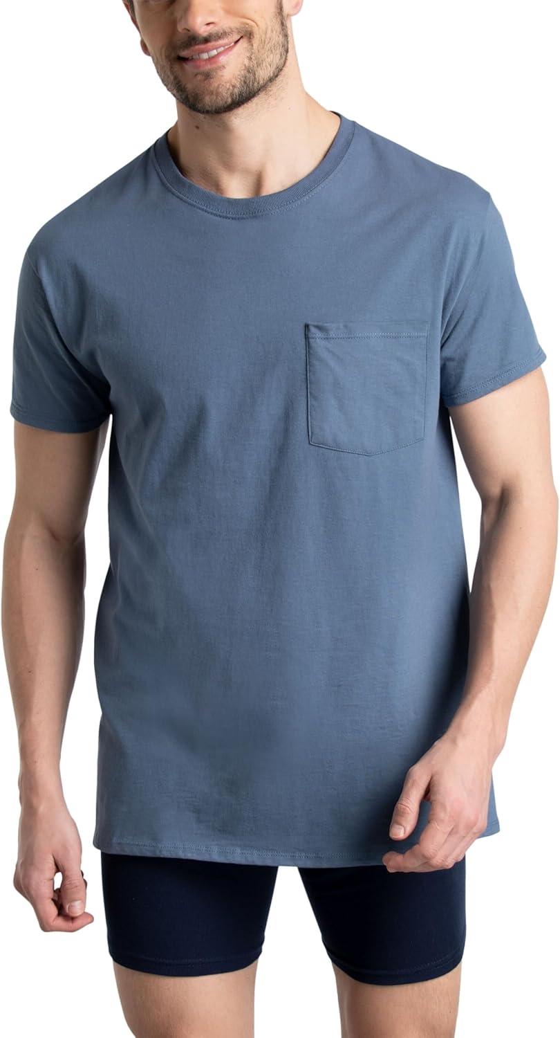 imageFruit of The Loom Mens Pocket Tee Undershirts Moisture Wicking amp Tag Free Short Sleeve Pocket TShirtsAssorted Blues  6 Pack  Pocket