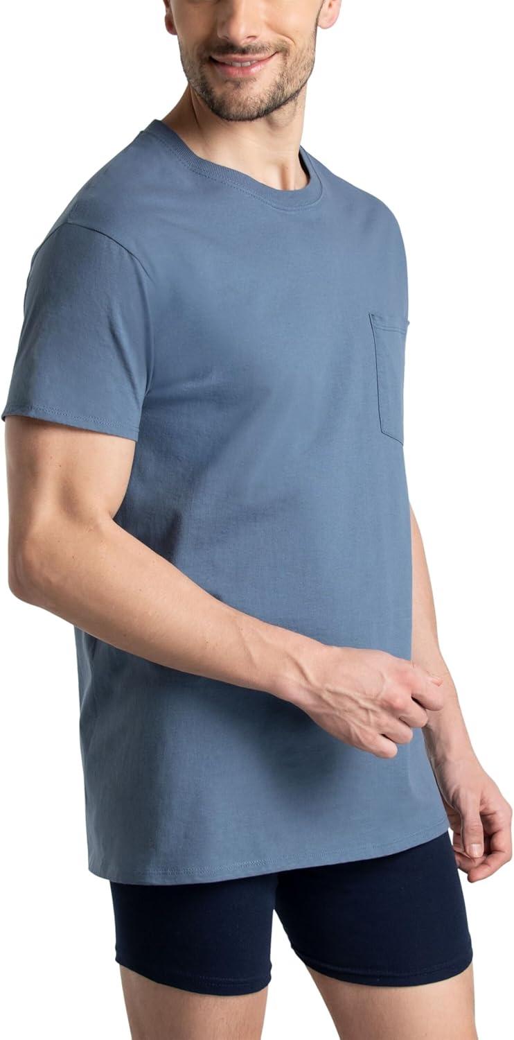 imageFruit of The Loom Mens Pocket Tee Undershirts Moisture Wicking amp Tag Free Short Sleeve Pocket TShirtsAssorted Blues  6 Pack  Pocket
