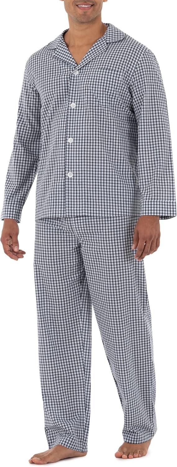 imageFruit of the Loom Mens Long Sleeve Broadcloth Pajama SetNavyWhite Check