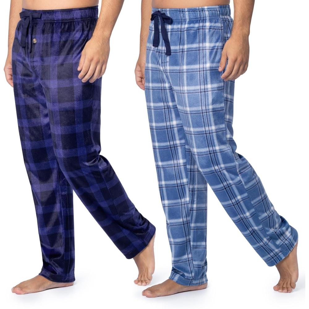 imageFruit of the Loom Mens Microsuede Fleece Sleep Pajama Pants 2packBlue PlaidNavy Check