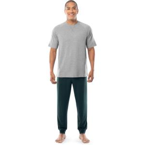 Fruit of the Loom Men’s French Terry Top and Jogger Sleep Pajama Set(Heather Grey/Green)