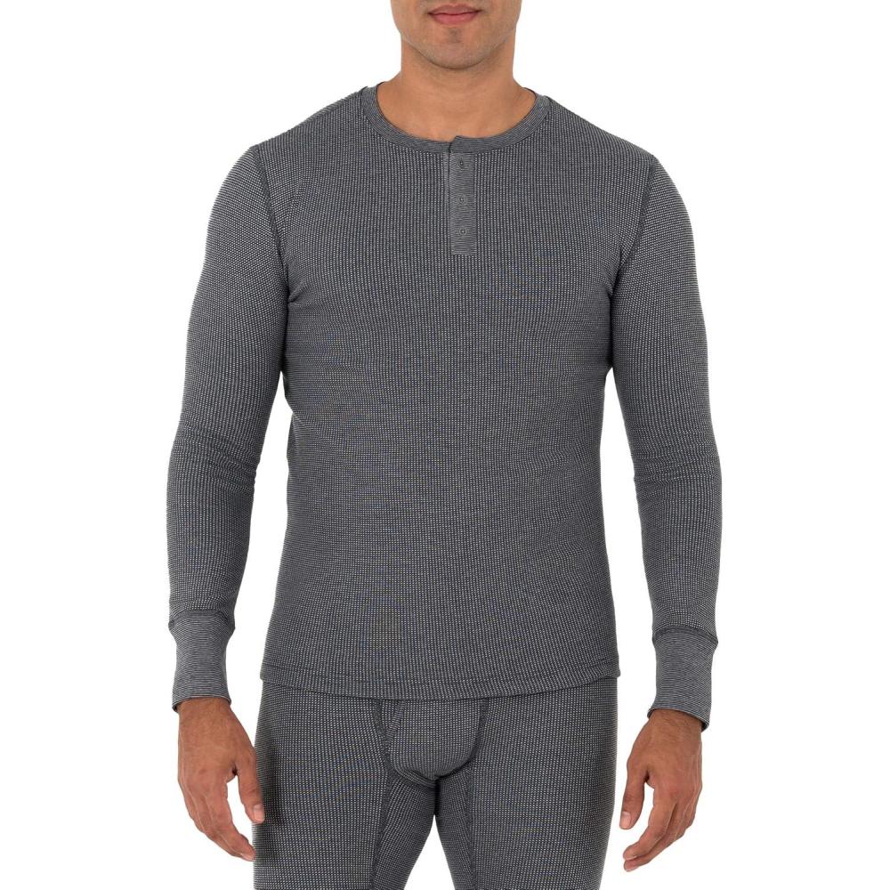 imageFruit of The Loom Mens Recycled Waffle Thermal Underwear Henley Top 1 and 2 PacksGreystone Heather