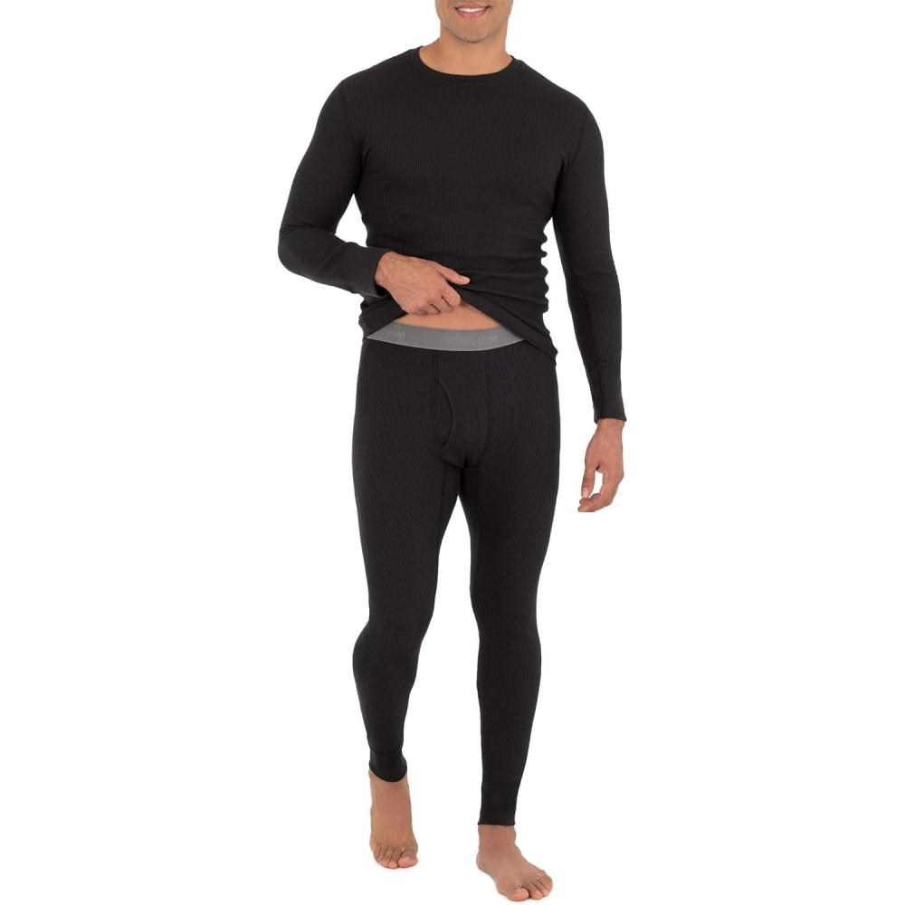 imageFruit of the Loom Mens Recycled Waffle Thermal Underwear Set Top and BottomBlack