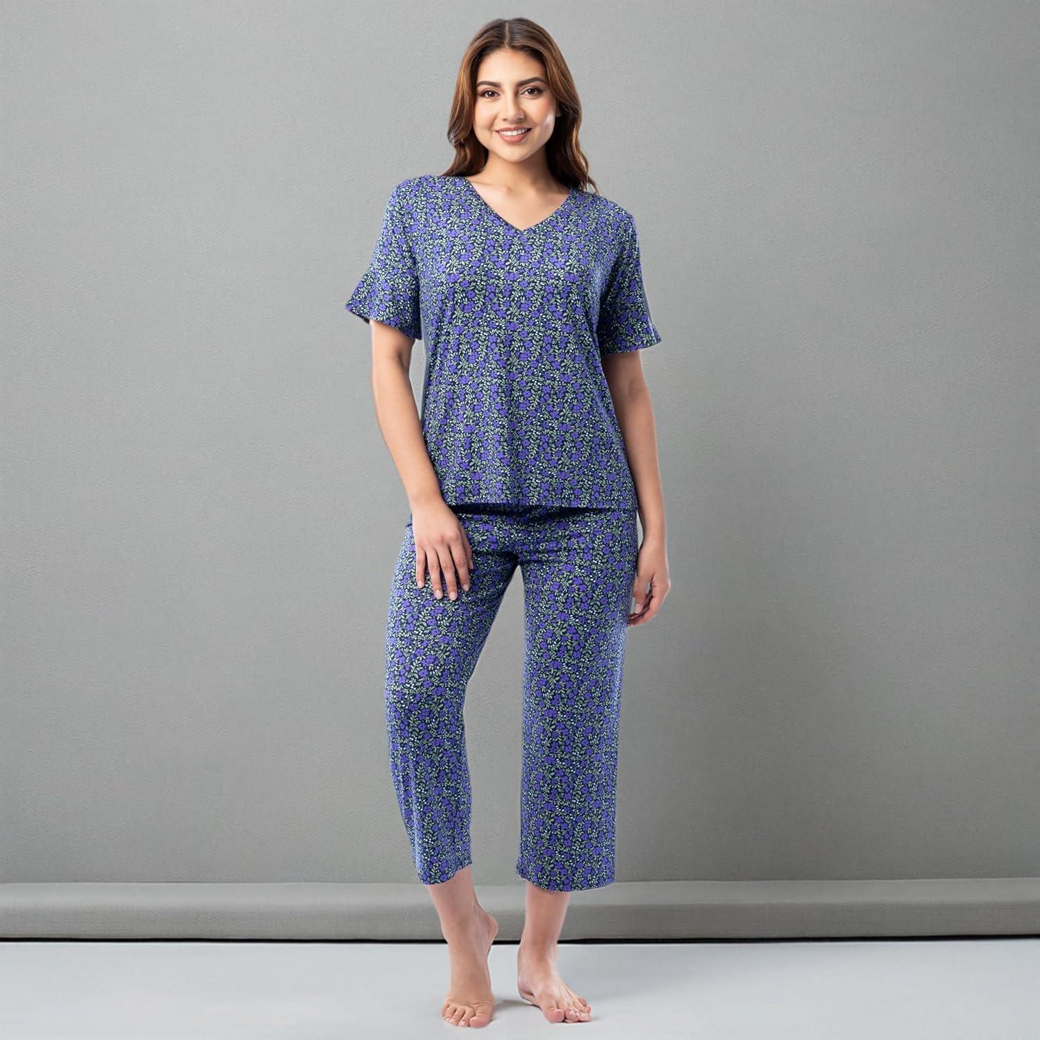 imageFruit of the Loom Womens 360 Stretch Ruffle Sleeve Vneck Tee and Capri Sleep Pajama SetSmall Bloom