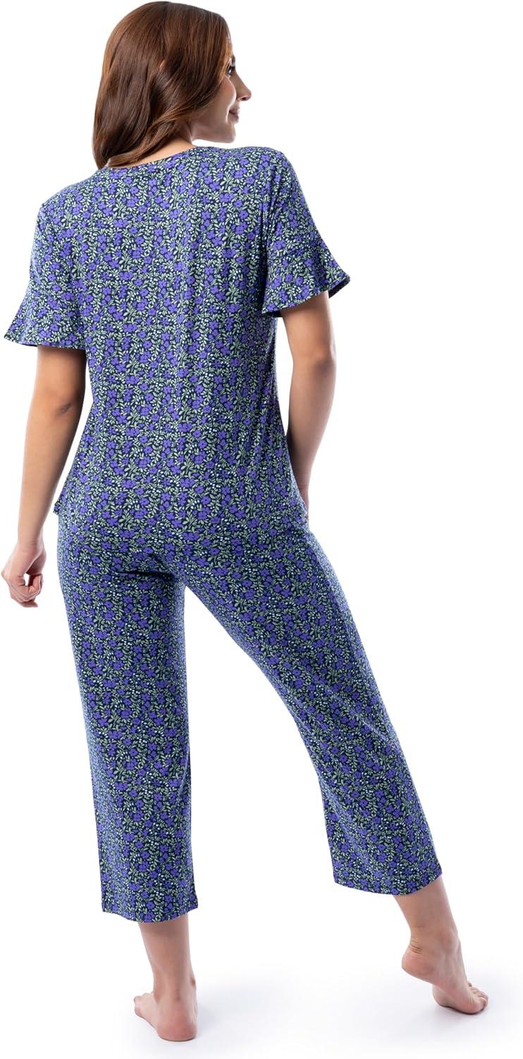 imageFruit of the Loom Womens 360 Stretch Ruffle Sleeve Vneck Tee and Capri Sleep Pajama SetSmall Bloom