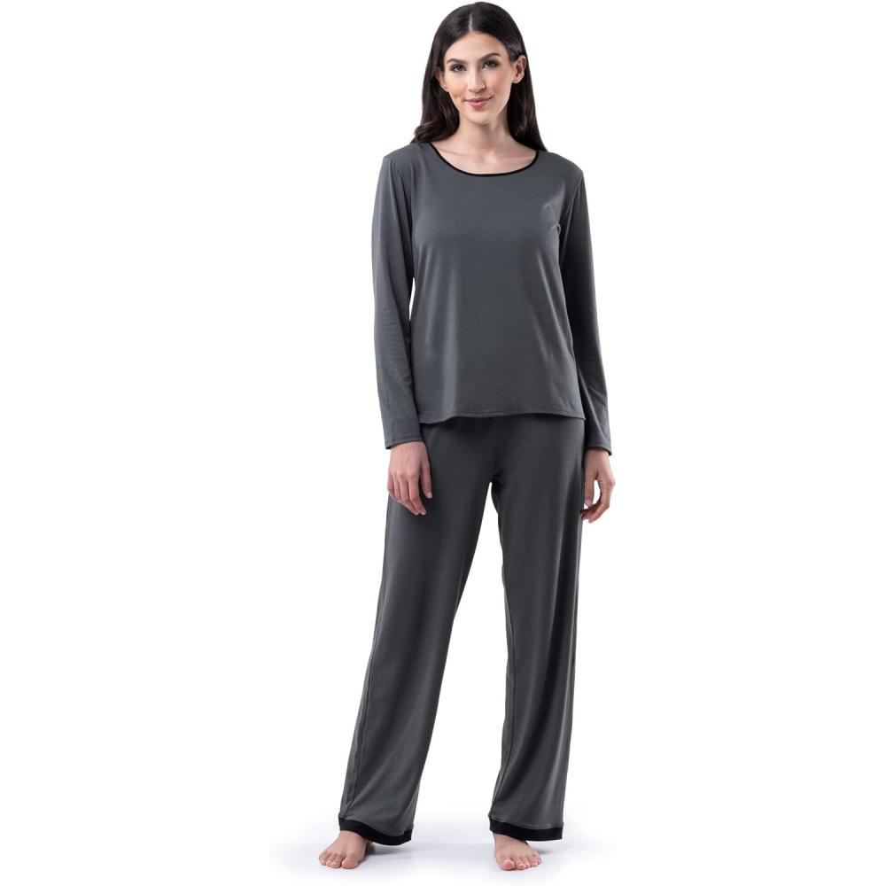 imageFruit of the Loom Womens Long Sleeve Tee and Pant 2 Piece Sleep SetGrey