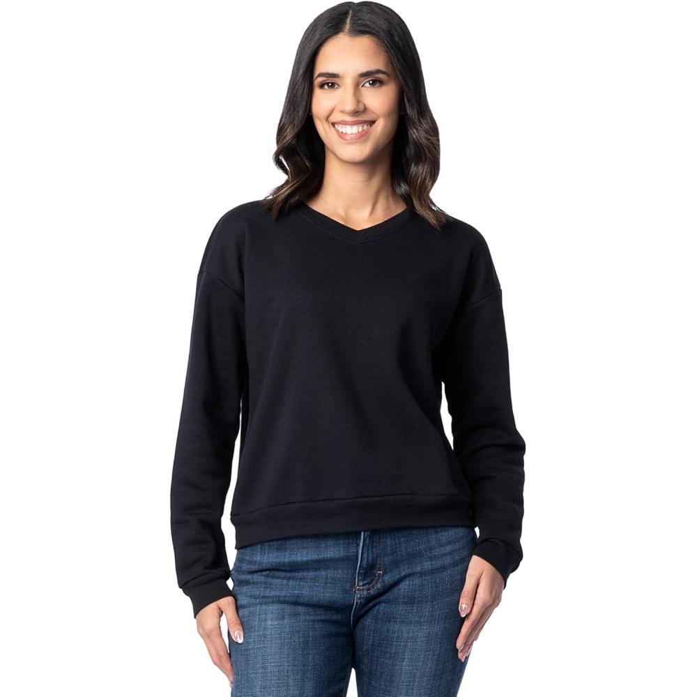 imageFruit of the Loom Womens Vneck Fleece Pullover Cropped SweatshirtBlack