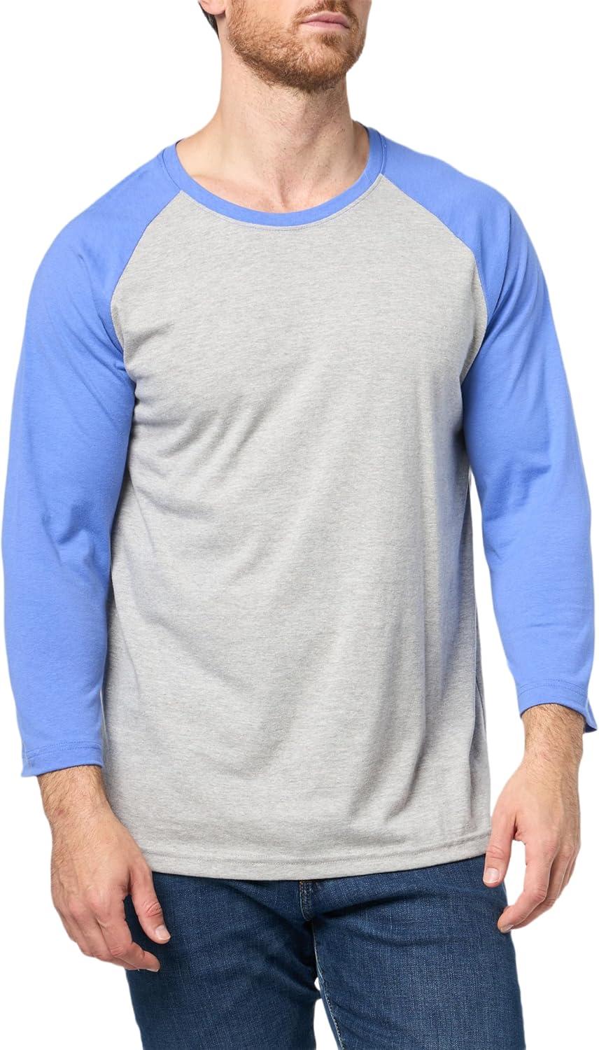 imageFruit of The Loom Mens Raglan 34 Sleeve Colorblock TShirtLight Grey HeatherBaja Blue
