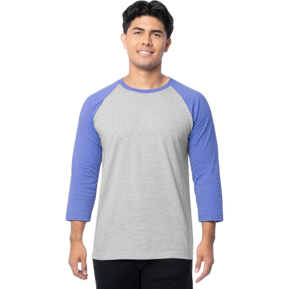 imageFruit of The Loom Mens Raglan 34 Sleeve Colorblock TShirtLight Grey HeatherBaja Blue