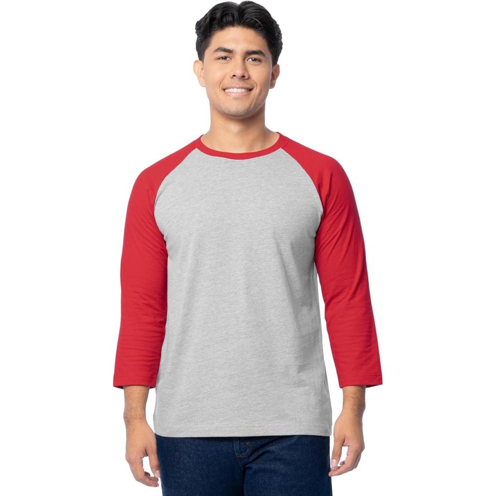 imageFruit of The Loom Mens Raglan 34 Sleeve Colorblock TShirtLight Grey HeatherRed