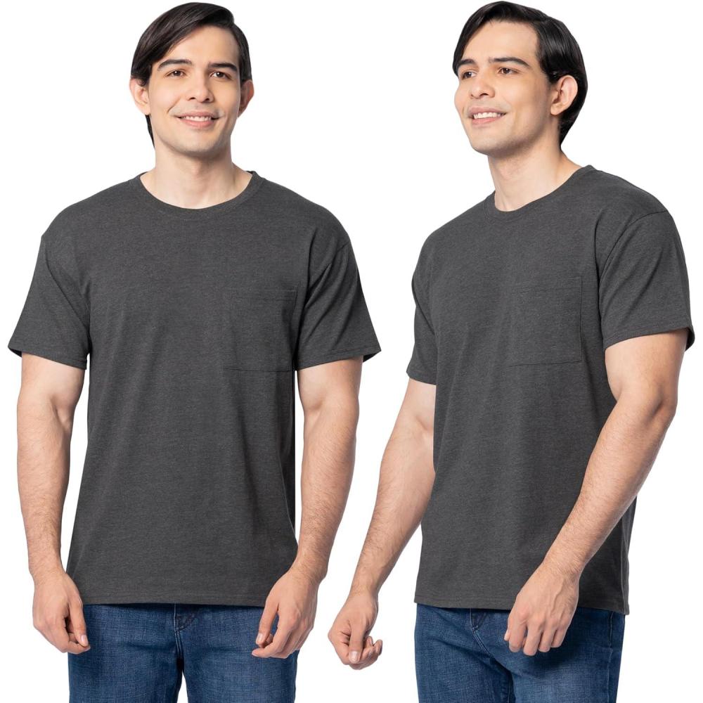 imageFruit of the Loom Mens Eversoft Cotton Short Sleeve Pocket TShirts Breathable amp Tag Free 2Pack2 Pack Black Heather