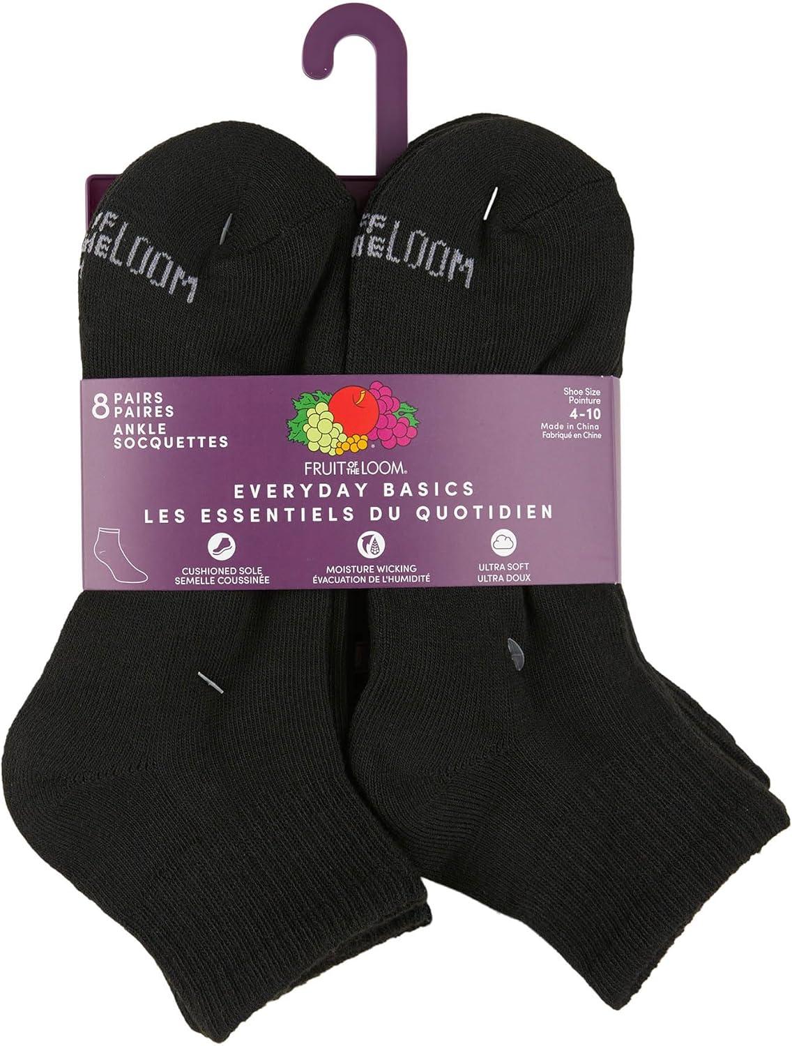 imageFruit of the Loom Womens Everyday Basics Socks Breathable with Half Cushion MultiPacksAnkle 8 Pack Black