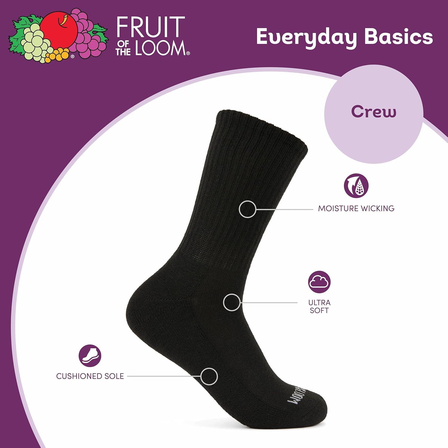 imageFruit of the Loom Womens Everyday Basics Socks Breathable with Half Cushion MultiPacksCrew 8 Pack Black