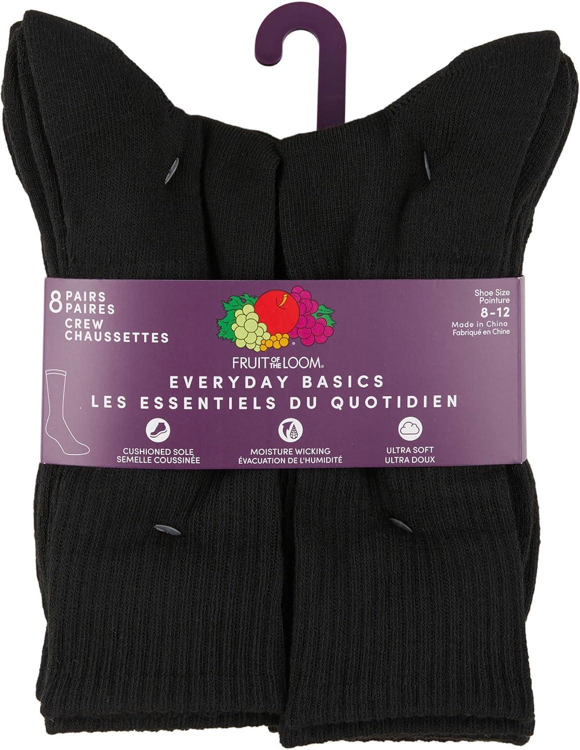 imageFruit of the Loom Womens Everyday Basics Socks Breathable with Half Cushion MultiPacksCrew 8 Pack Black