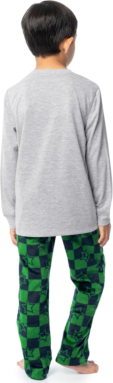 imageFruit of the Loom Boys Long Sleeve Jersey Henley Top and Fleece Pant Sleep Pajama SetGrey HeatherGreenNavy