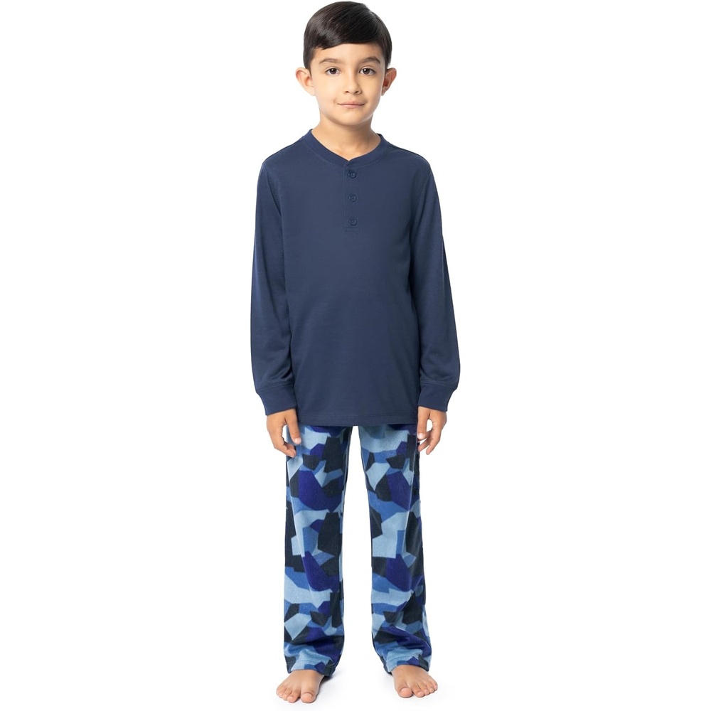 imageFruit of the Loom Boys Long Sleeve Jersey Henley Top and Fleece Pant Sleep Pajama SetNavyCamo