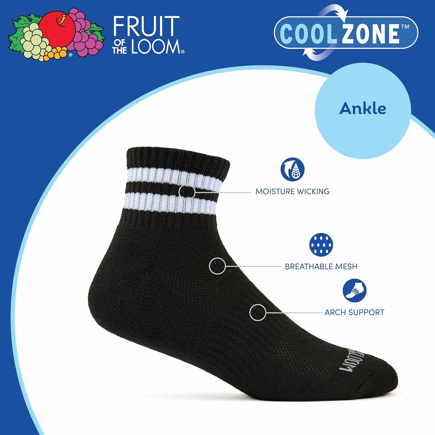 image:imageFruit of the Loom Mens Workgear Durable Crew Socks with Arch SupportAnkle 8 Pack Varsity Stripe