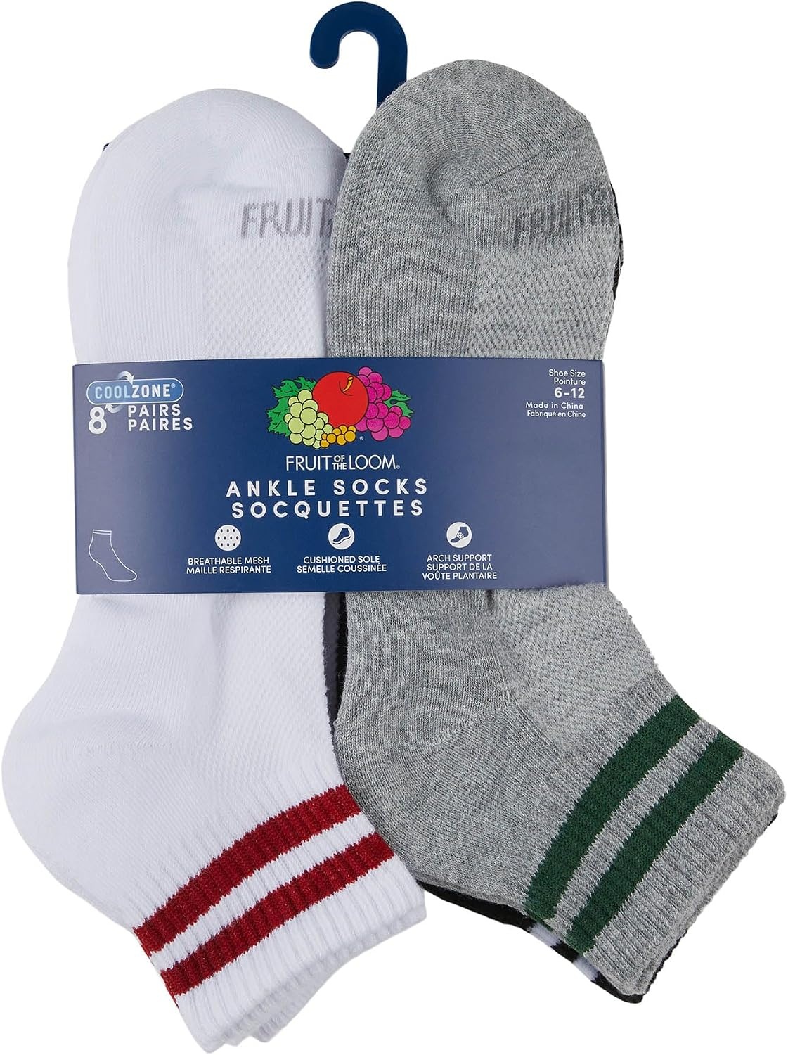image:imageFruit of the Loom Mens Workgear Durable Crew Socks with Arch SupportAnkle 8 Pack Varsity Stripe