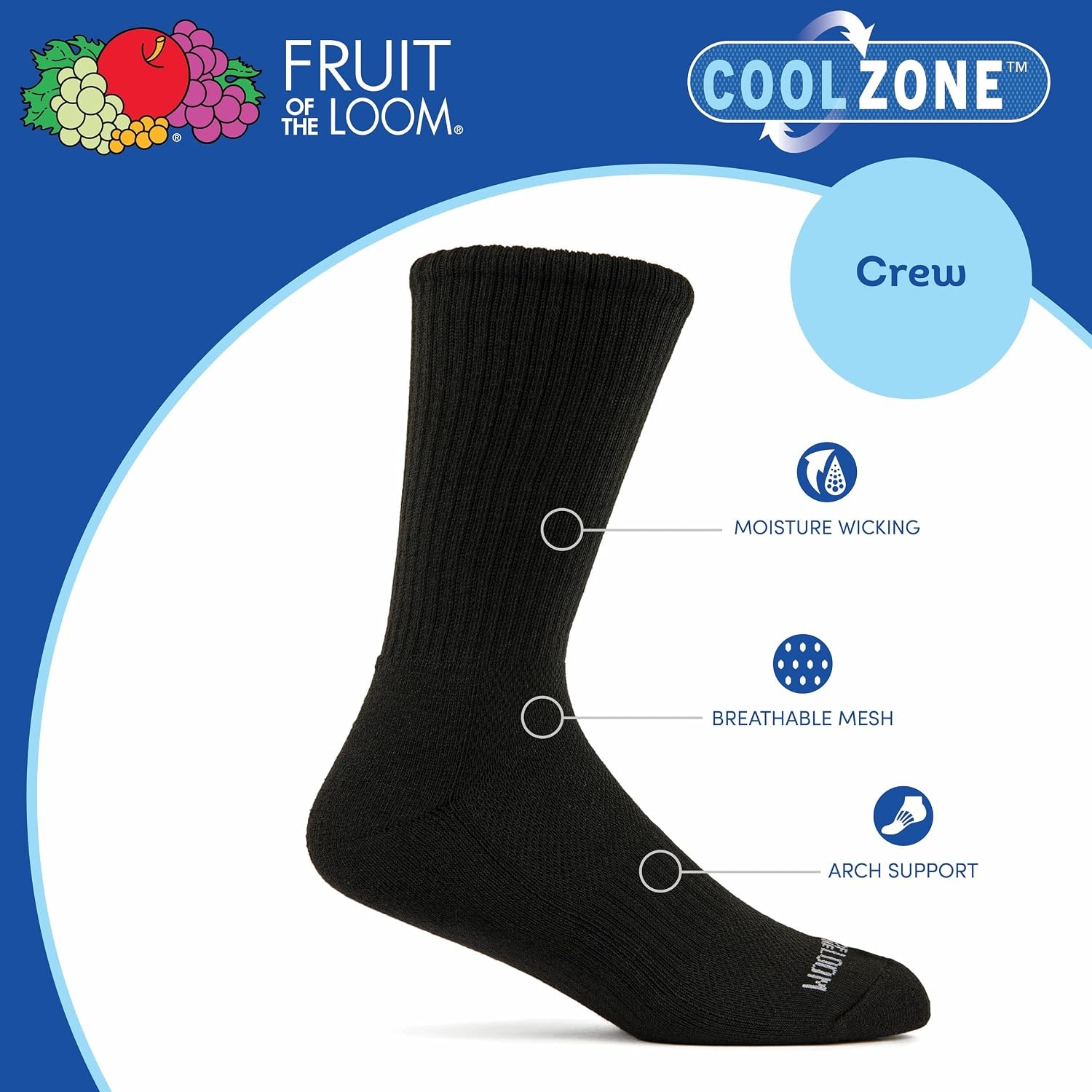 image:imageFruit of the Loom Mens Workgear Durable Crew Socks with Arch SupportCrew 8 Pack Black