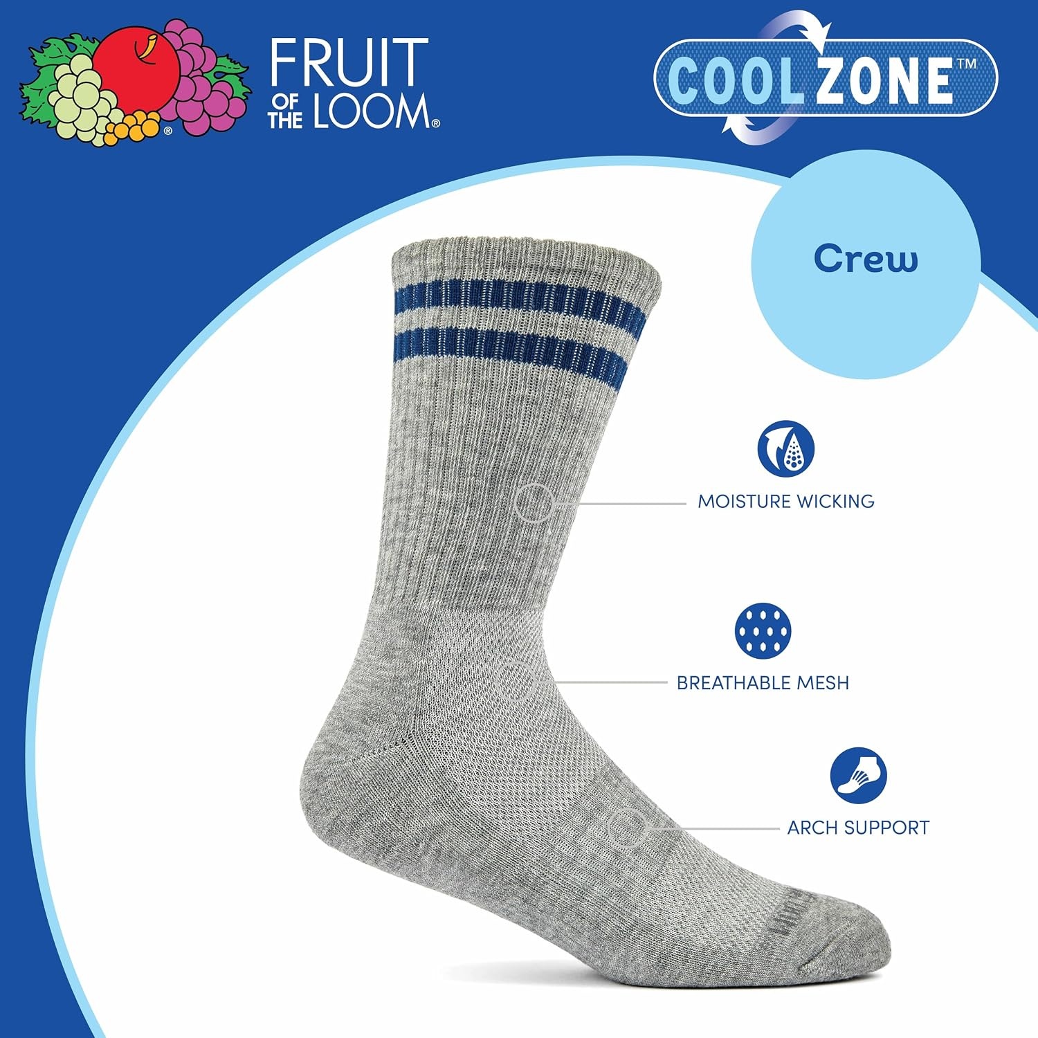 image:imageFruit of the Loom Mens Workgear Durable Crew Socks with Arch SupportCrew 8 Pack Varsity Stripe