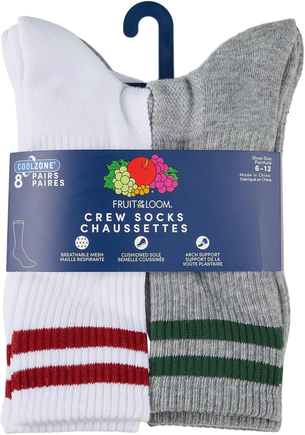 image:imageFruit of the Loom Mens Workgear Durable Crew Socks with Arch SupportCrew 8 Pack Varsity Stripe