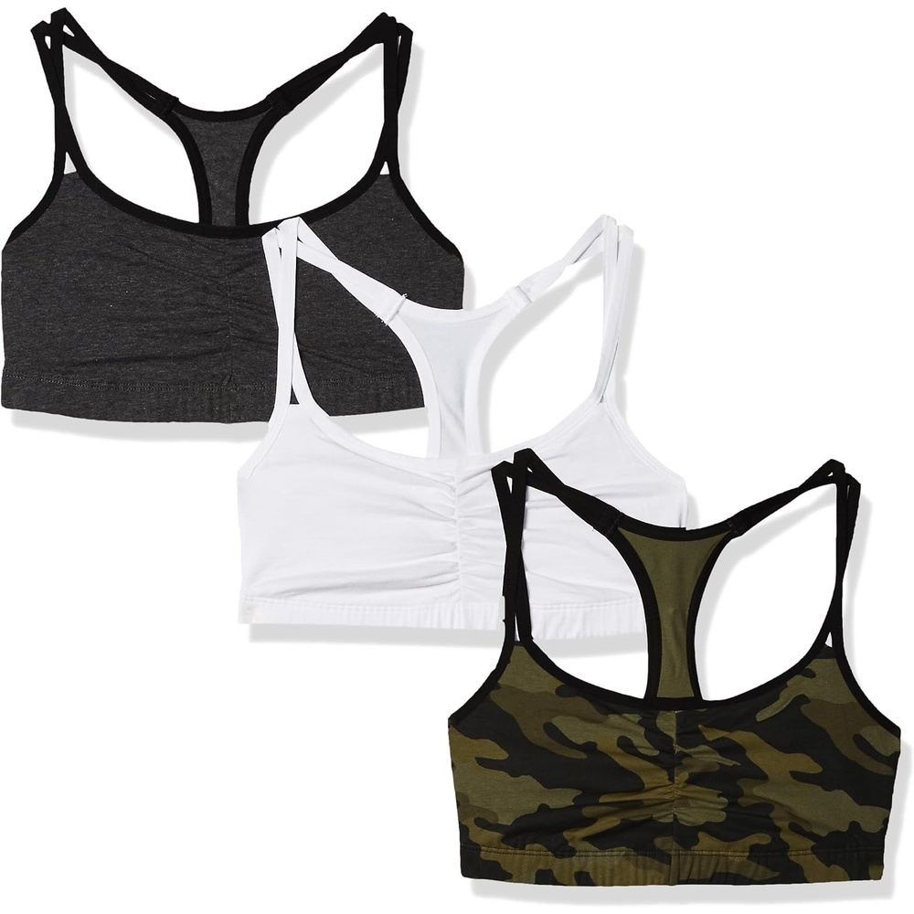 image:imageFruit of the Loom Womens Spaghetti Strap Cotton Sports Bra AllDay Comfort amp Easy MovementCamoWhiteCharcoal With Black