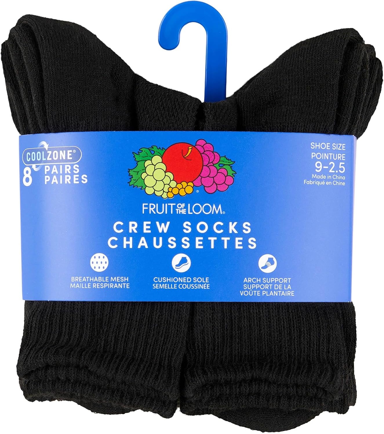 image:imageFruit of the Loom Boys Coolzone Socks Breathable with Half Cushion MultiPacksCrew 8 Pack Black