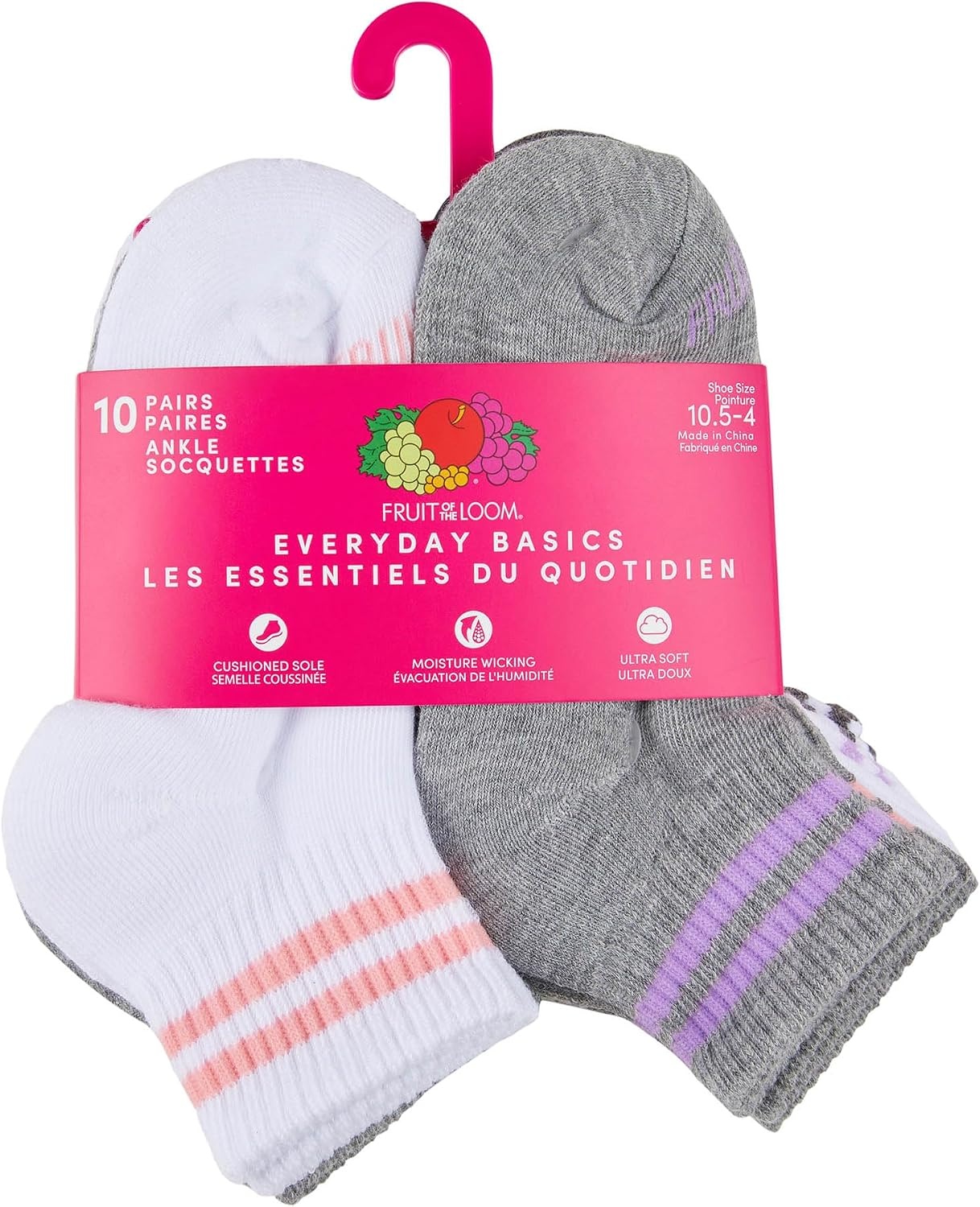 image:imageFruit of the Loom Girls Everyday Essential Soft Cushion SocksAnkle 10 Pack Assorted