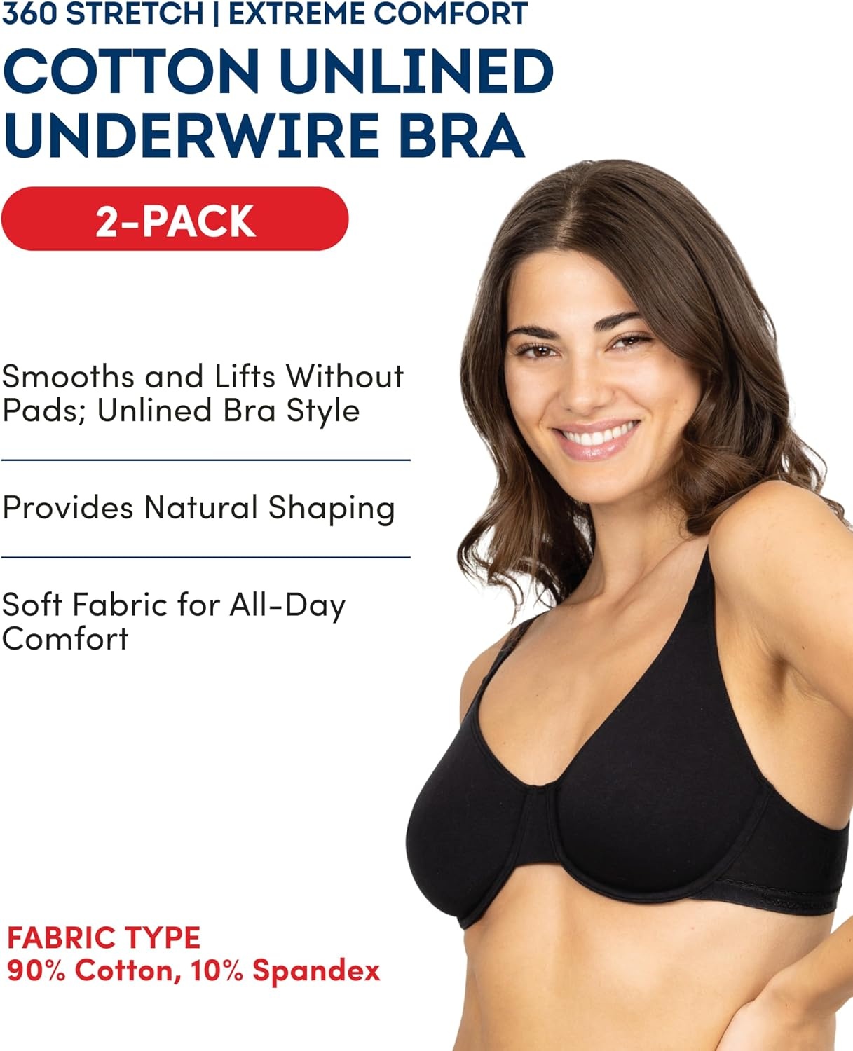 image:imageFruit of the Loom Womens Cotton Stretch Unlined Underwire Bra MultipackBlack HueBlack Hue