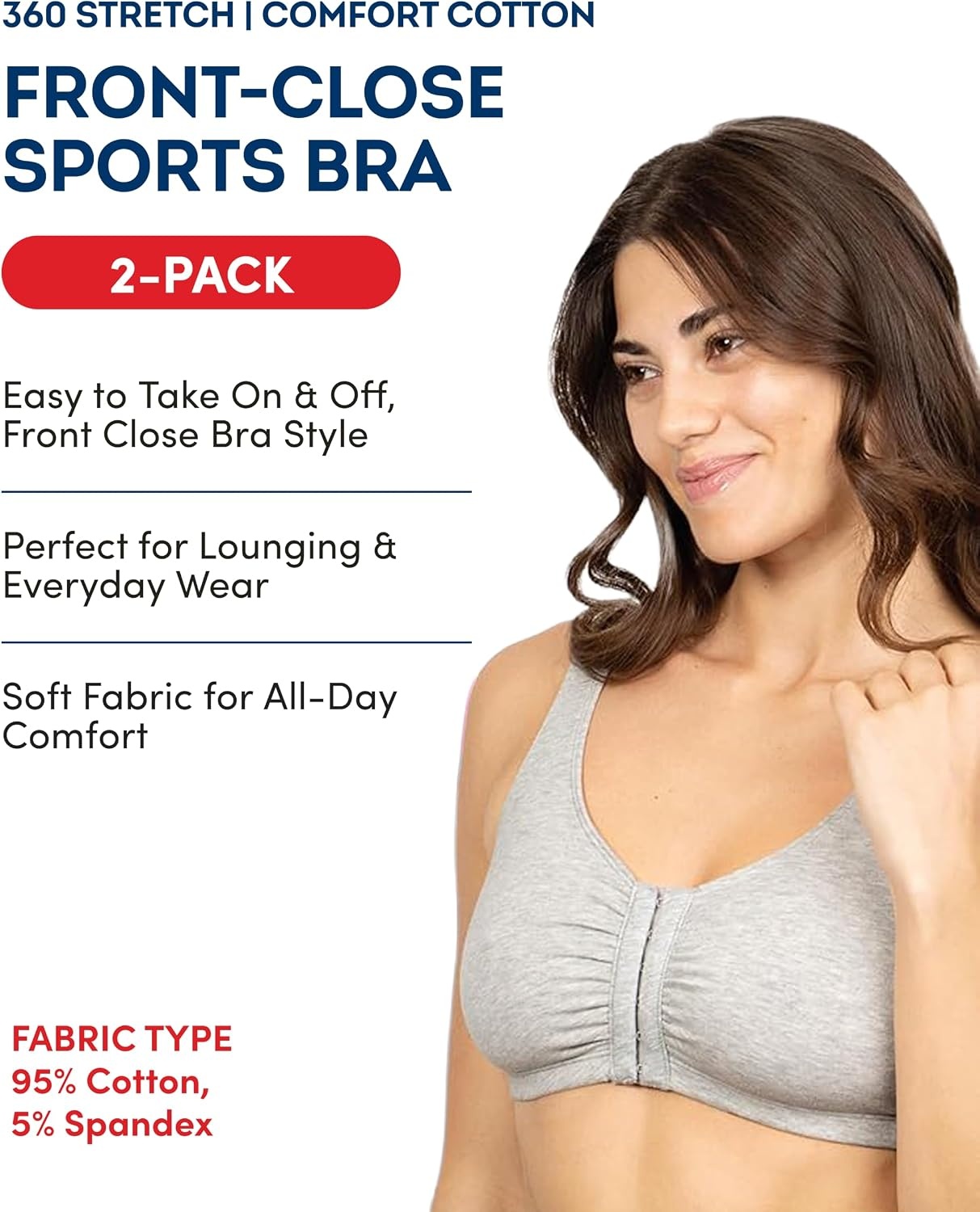 image:imageFruit of the Loom Womens FrontClose Sports Bra MultiPackHeather GreyWhite