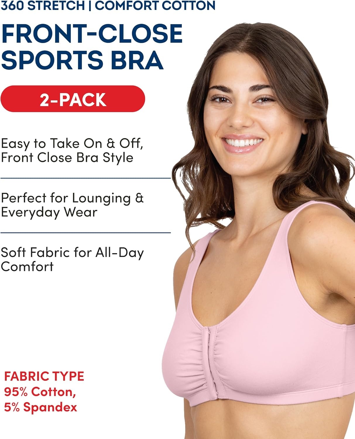image:imageFruit of the Loom Womens FrontClose Sports Bra MultiPackWhiteBlushing Rose