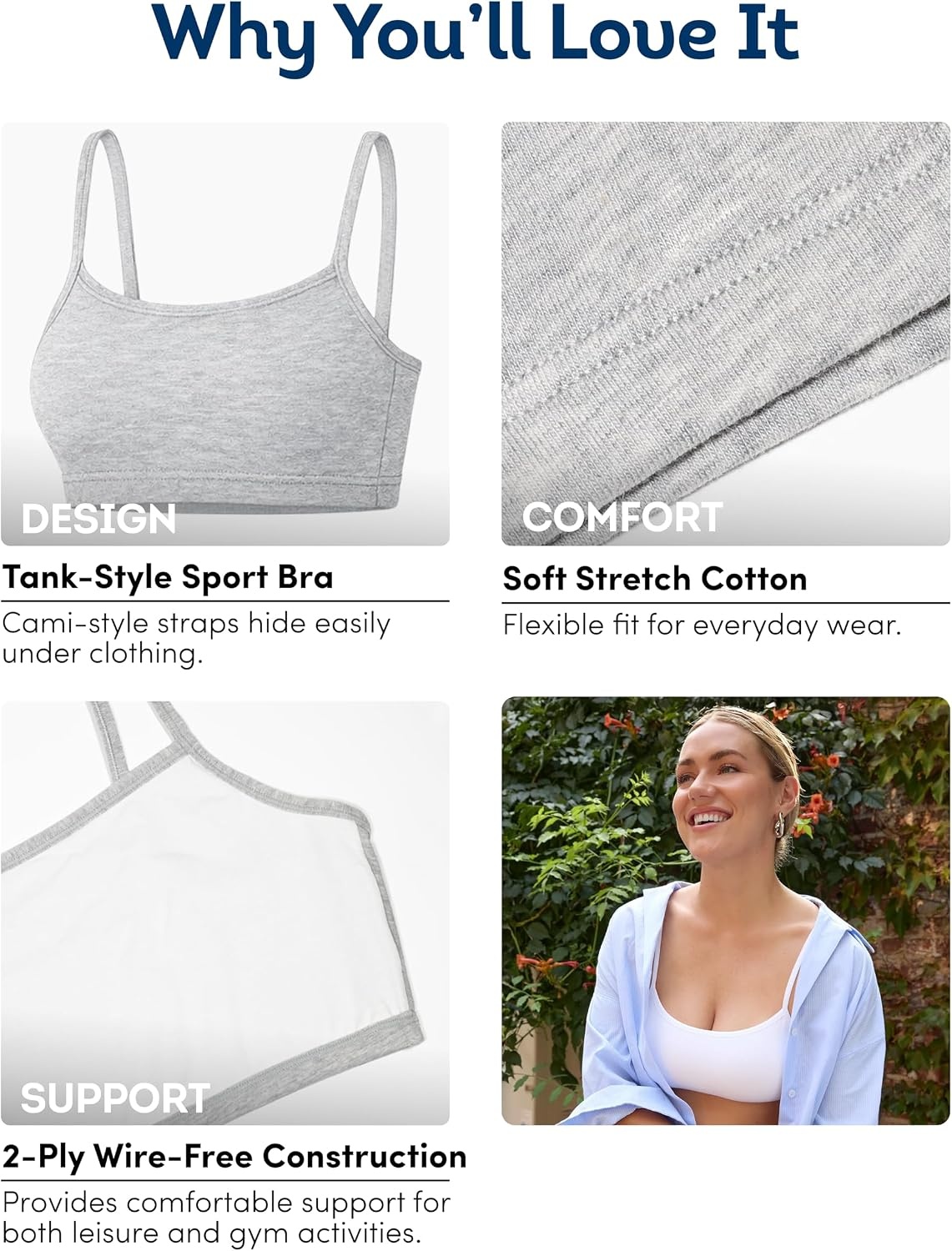 image:imageFruit of the Loom Womens Spaghetti Strap Cotton Cami Sports Bra MultipackBlackWhiteWhiteHeather Grey