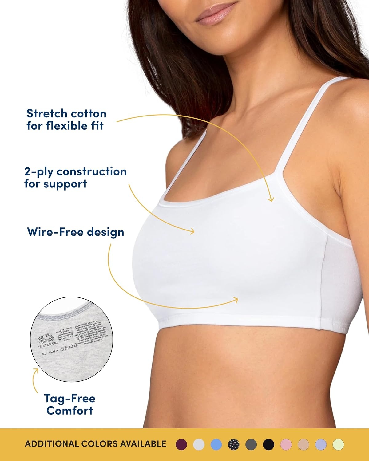 image:imageFruit of the Loom Womens Spaghetti Strap Cotton Cami Sports Bra MultipackBlackWhiteWhiteHeather Grey