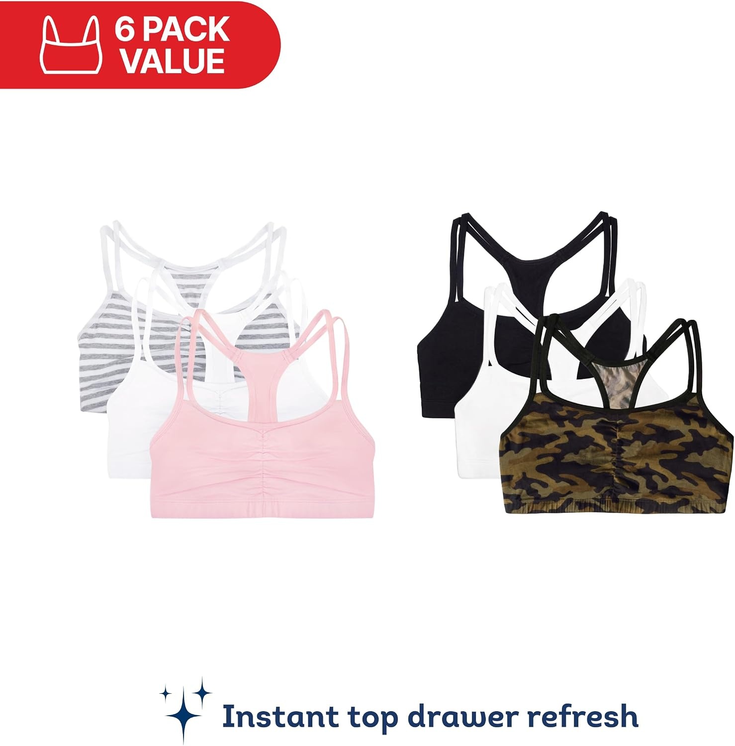 image:imageFruit of the Loom Womens Spaghetti Strap Cotton Cami Sports Bra MultipackCamoWhiteBlackBlushGrey StripeWhite