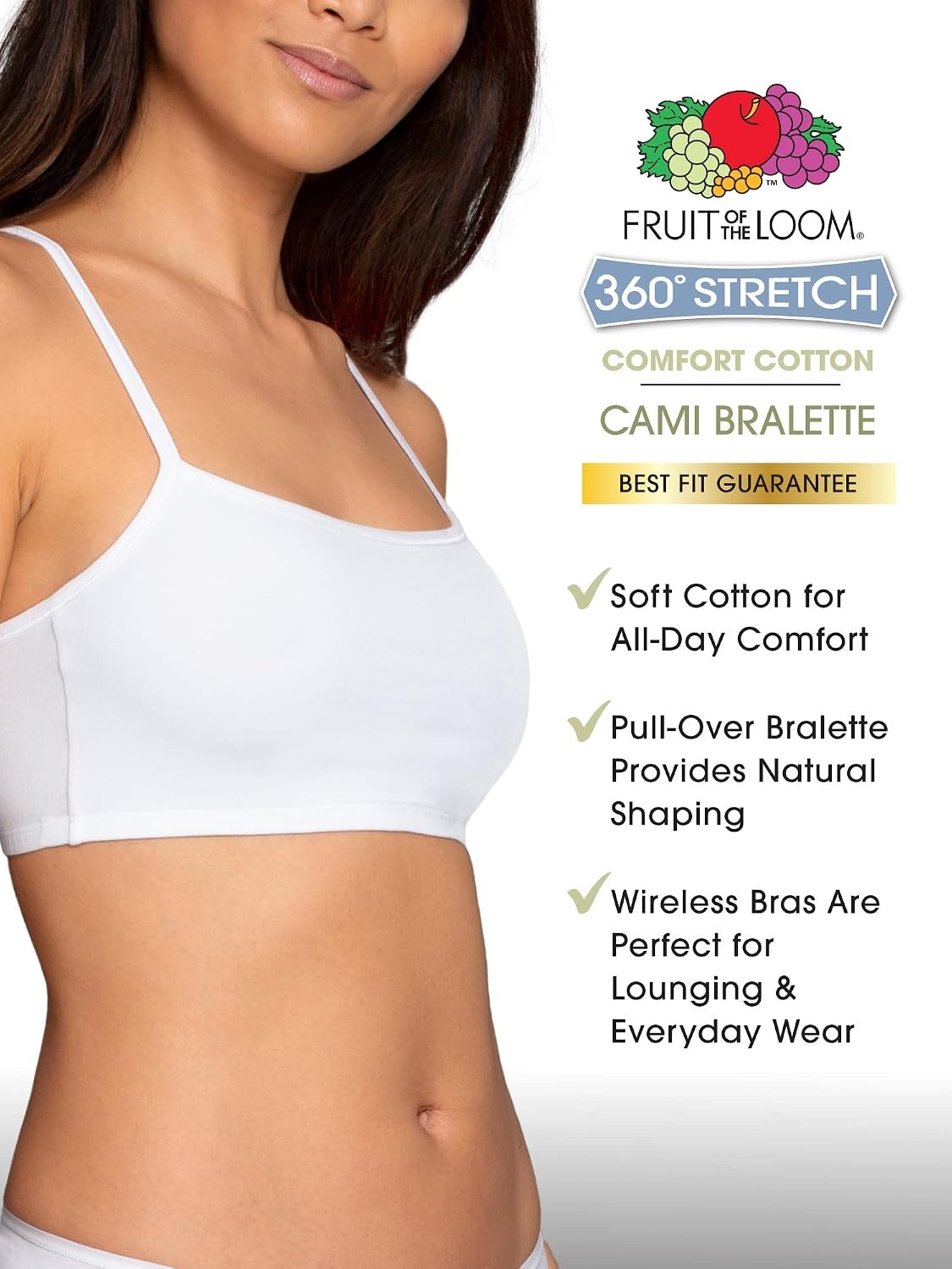 image:imageFruit of the Loom Womens Spaghetti Strap Cotton Cami Sports Bra MultipackLilac WhisperWhiteGrey Heather