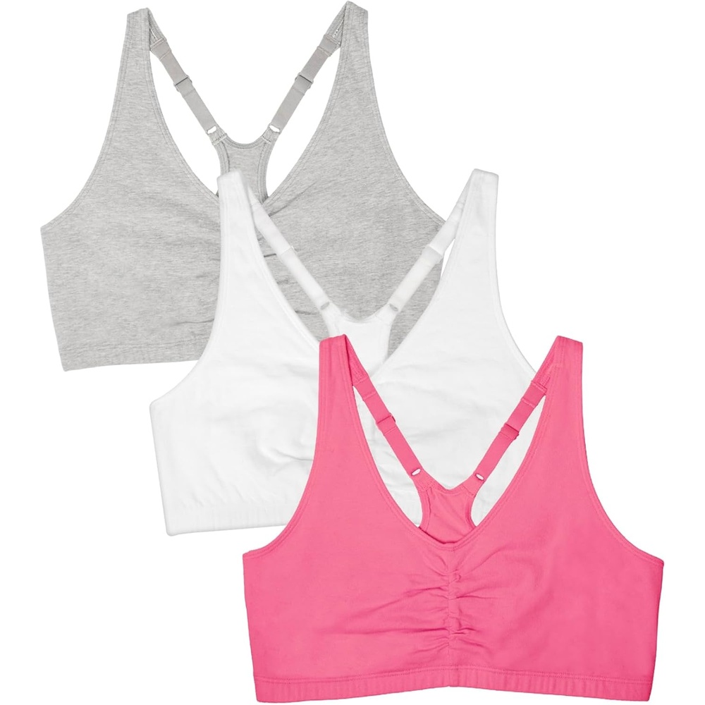 image:imageFruit of the Loom Womens Adjustable Shirred Front Racerback Sports Bra Multi PacksNeon Pink HeatherWhiteGrey