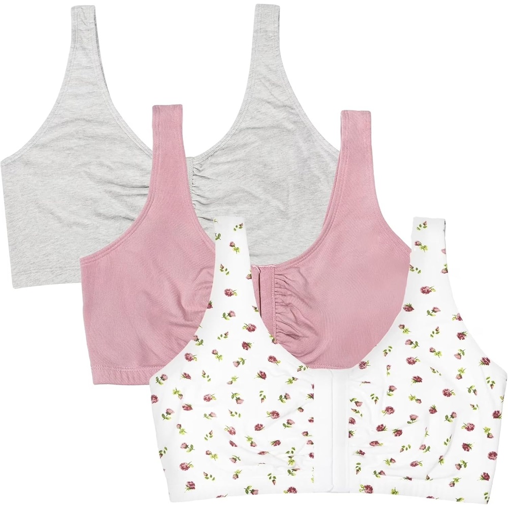 image:imageFruit of the Loom Womens FrontClose Sports Bra MultiPackDancing RosebudsLilasGrey