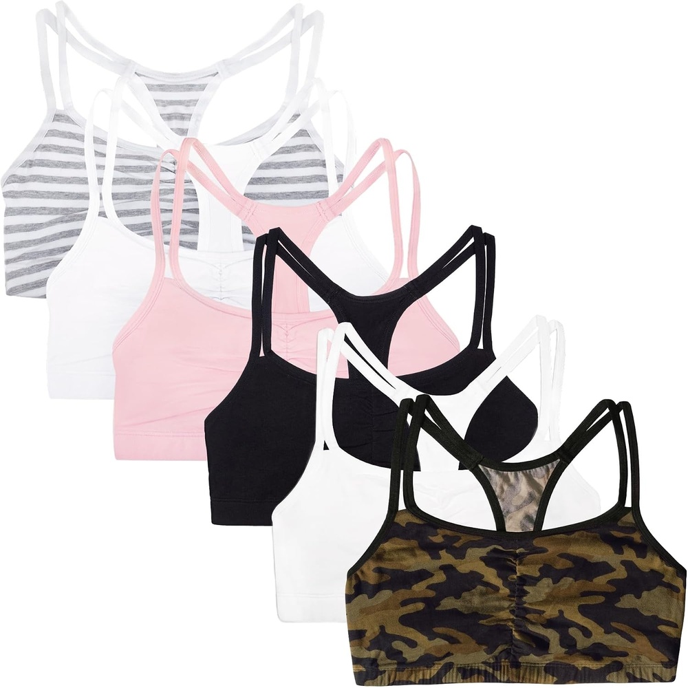 image:imageFruit of the Loom Womens Spaghetti Strap Cotton Cami Sports Bra MultipackCamoWhiteBlackBlushGrey StripeWhite