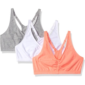Fruit of the Loom Women’s Adjustable Shirred Front Racerback Sports Bra Multi Packs!(Punchy Peach/White/Grey Heather)